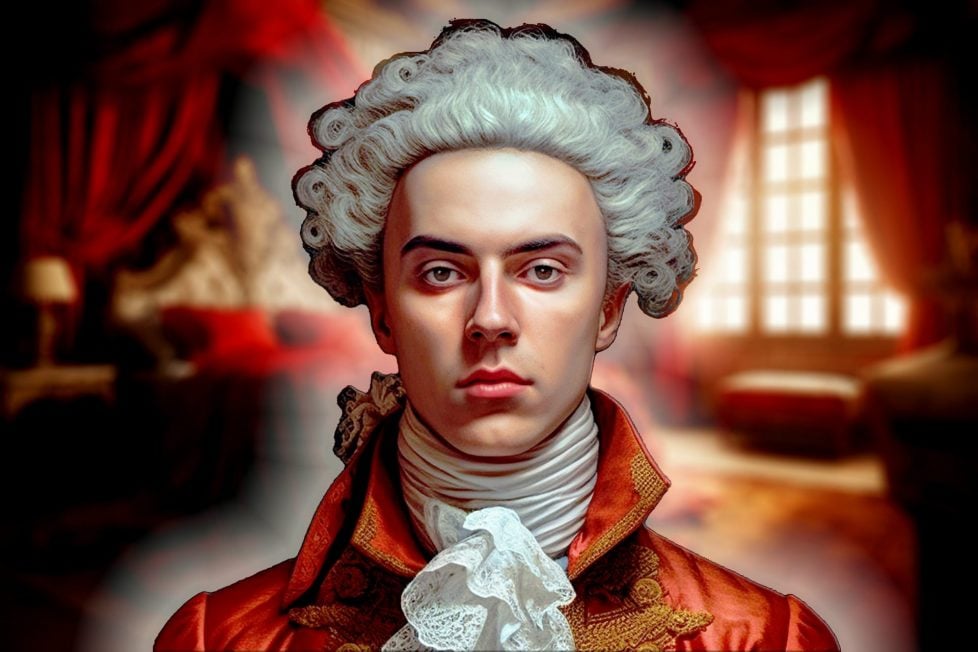 An illustration of Casanova, a young man dressed in fancy clothes. He is wearing a white wig. He has a blank look on his face. The background is a renaissance era aristocratic bedroom.