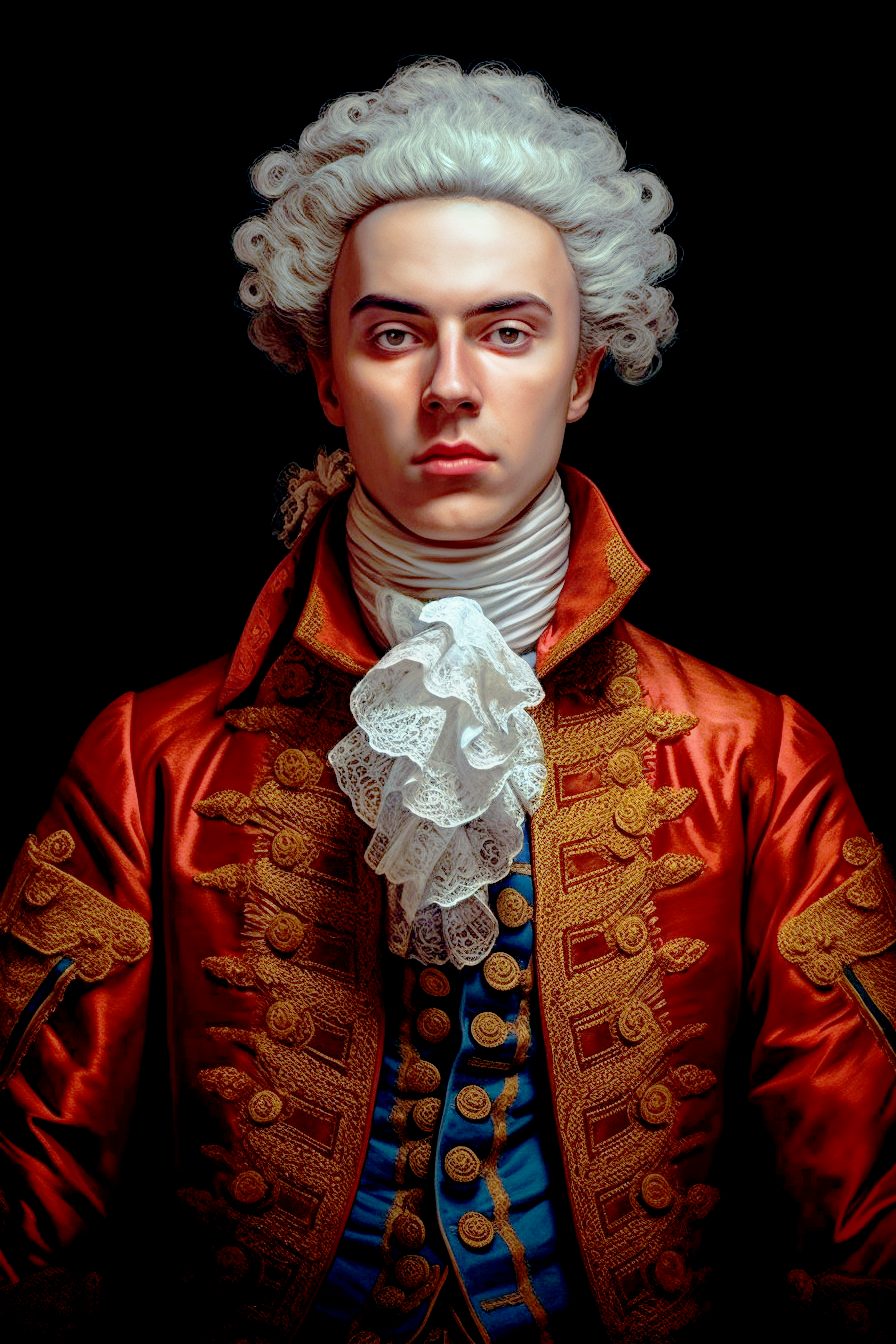 An illustration depicting a young man wearing a red and blue garment. He is standing in an indoor setting, with his face looking directly at the camera. His hair is white and he has facial features that suggest he is in his early twenties. The man's outfit consists of a long-sleeved jacket with buttons down the front, as well as a lace tie around his neck.