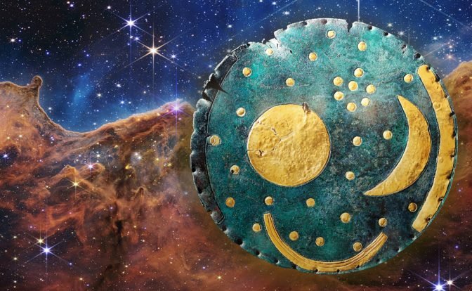 Collage of the first image from the James Webb Space Telescope of Carina Nebula and The Nebra Sky Disk – a shield with a crescent moon and stars on a starry night sky background.