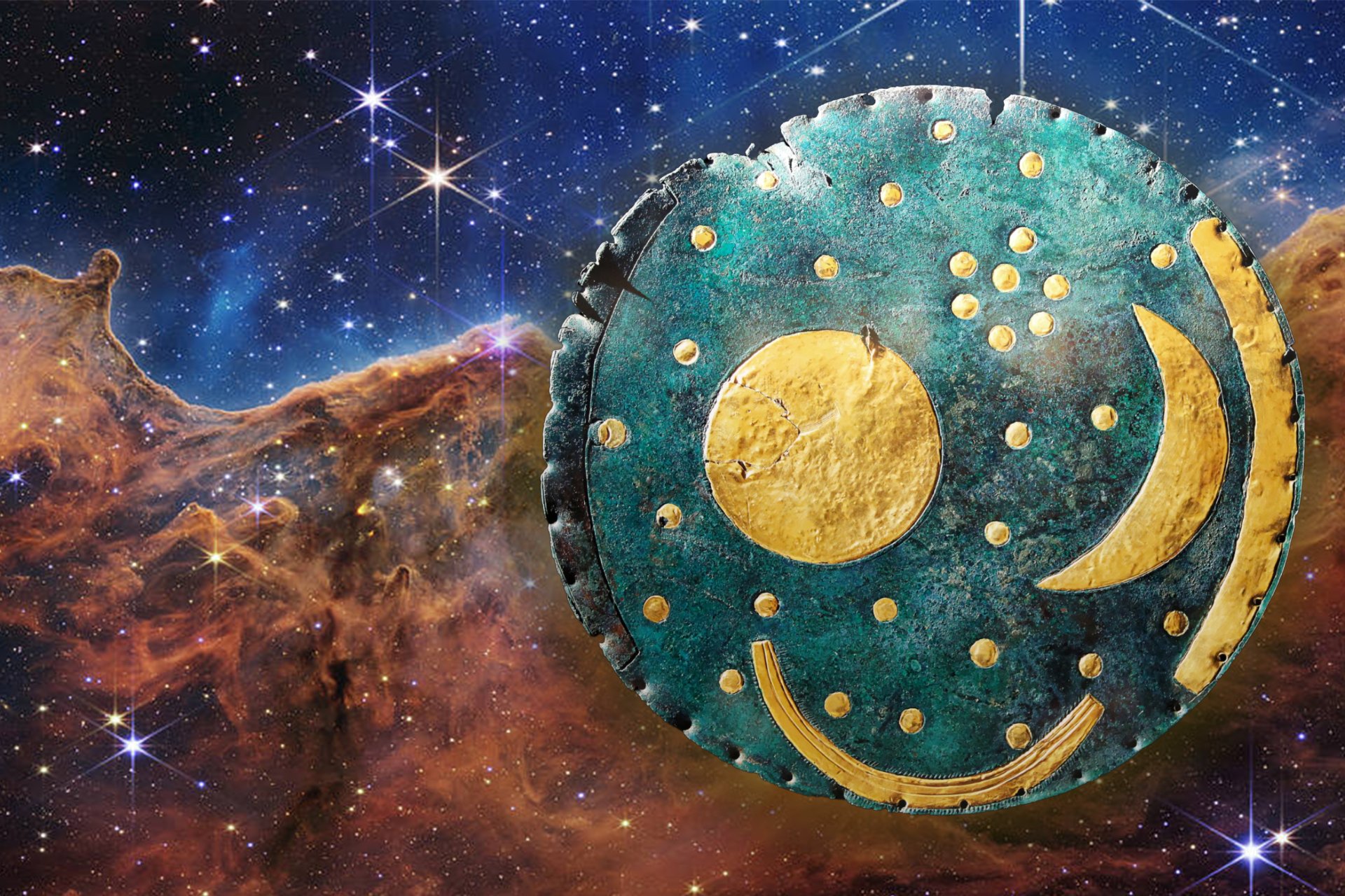 Collage of the first image from the James Webb Space Telescope of Carina Nebula and The Nebra Sky Disk – a shield with a crescent moon and stars on a starry night sky background.