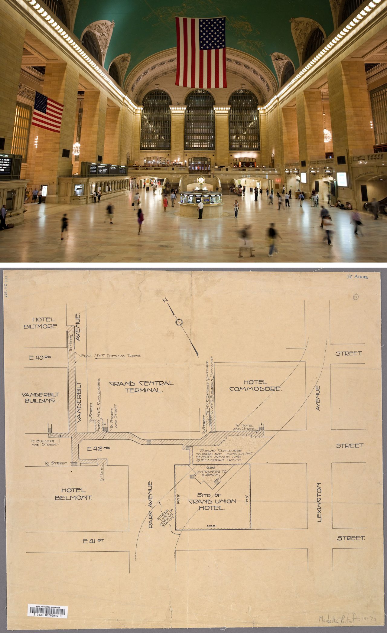 A collage featuring a photograph of a large train station hall, the Grand Central Terminal, and a map of its surrounding streets.