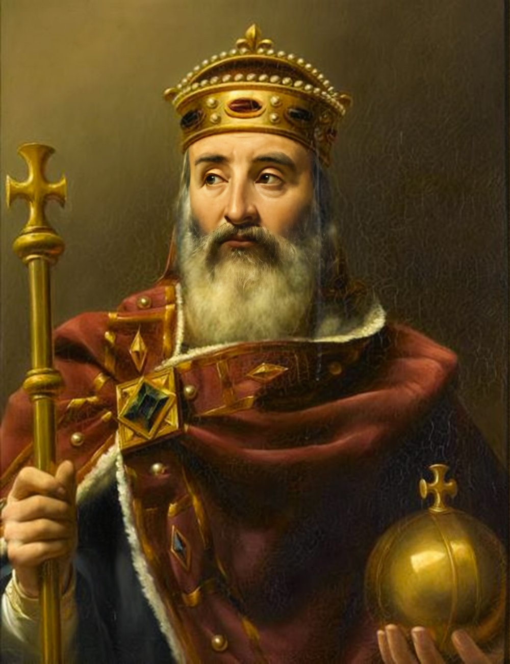 Portrait of Charlemagne, Emperor of the West, wearing a golden crown and royal regalia, holding a scepter and an orb, with a contemplative expression on his face against a dark background.