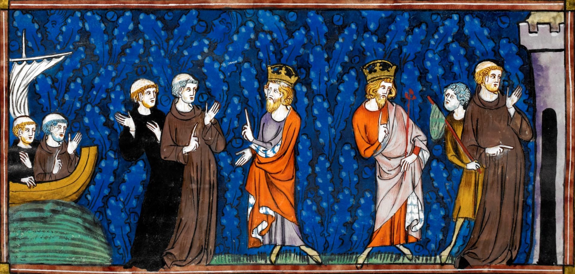 A medieval manuscript illustration of a group of people: Charlemagne, Alcuin and his assistant. The people are standing on a blue background with a pattern of blue flowers. The people are wearing medieval clothing, including crowns and robes. The people are standing in front of a castle-like structure with a flag on top.