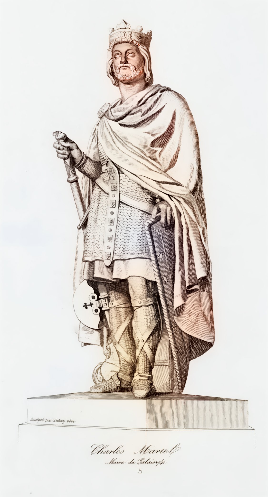 A drawing of a statue of Charles Martel, a Frankish statesman and military leader who defeated the Moors at the Battle of Tours in 732. The statue shows him wearing a crown, a cloak, and armor, holding a sword and a shield. The statue is on a pedestal with his name written on it. The background is white.