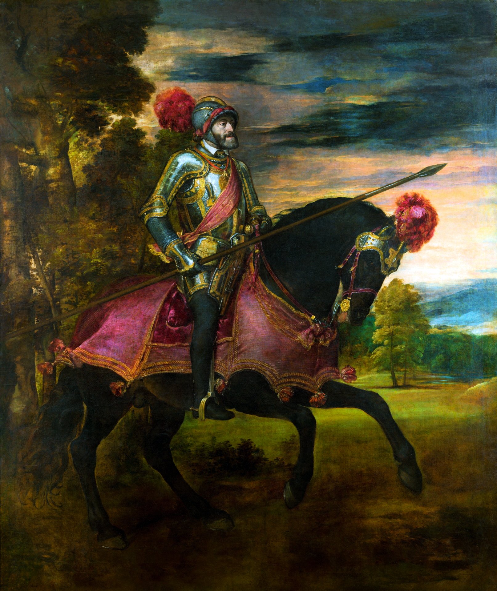 A detailed portrait of Charles V of Habsburg, depicted as a knight in shining silver armor with intricate gold details. He is mounted on a powerful black horse adorned with a rich pinkish-red fabric featuring gold trims and large matching plumes. Charles, with a determined expression, wears a helmet topped with a red plume and holds a long lance in one hand. The background captures a moody, atmospheric landscape with tall trees, a cloudy sky, and hints of a setting sun.