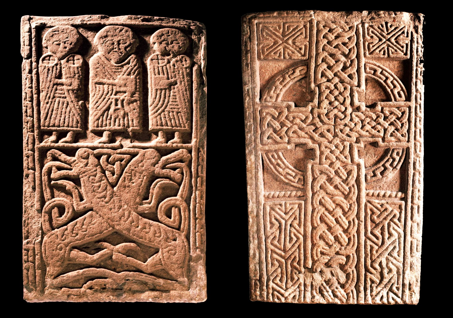 Late 9th-century Pictish sandstone slab from Invergowrie Church, Angus, featuring a ringed cross on one side and three depicted figures on the other.