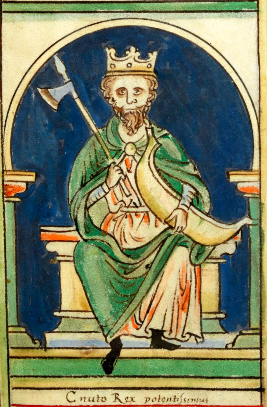 A medieval illustration of king Cnut the Great sitting on a throne with a viking boat and an axe in a blue and green background.