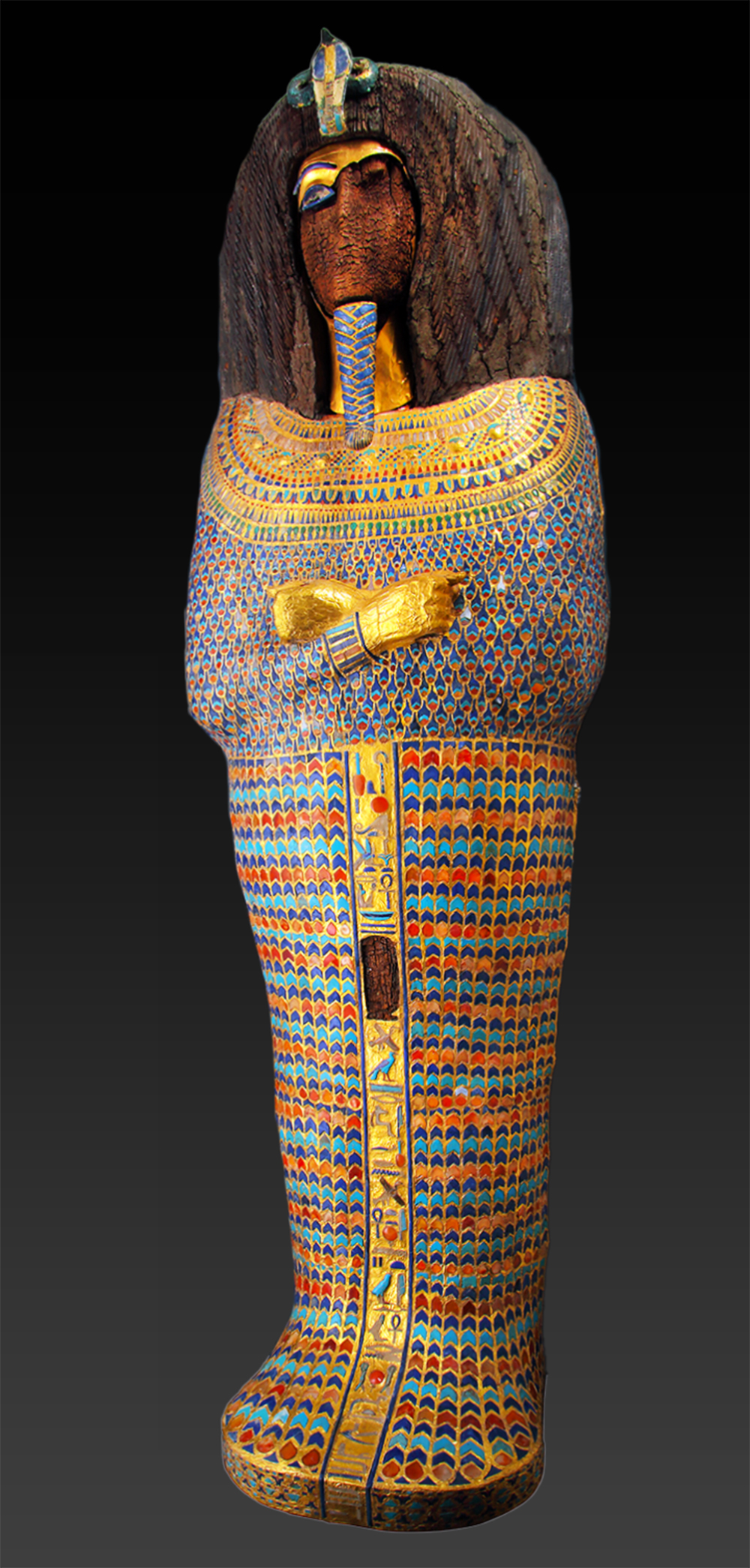 A wooden Coffin of Akhenaten, an ancient Egyptian figure with a headdress, a beard, and a golden hands. The coffin is decorated with colorful patterns and designs.