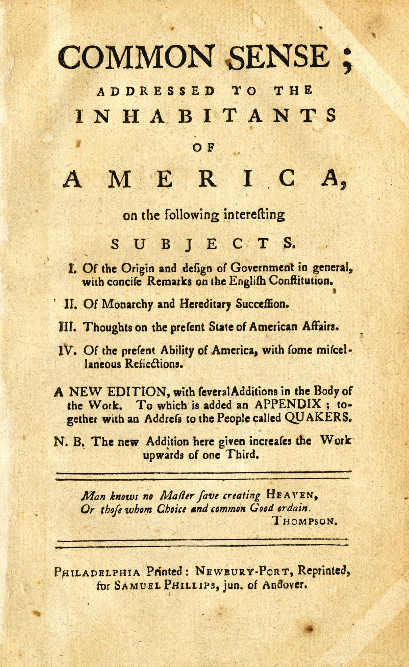 The title page of a book by Thomas Paine, printed in Philadelphia by Benjamin Franklin. The book is called "Common Sense Addressed to the Inhabitants of America" and is a new edition with an appendix. The title page is yellowed and has a few stains.