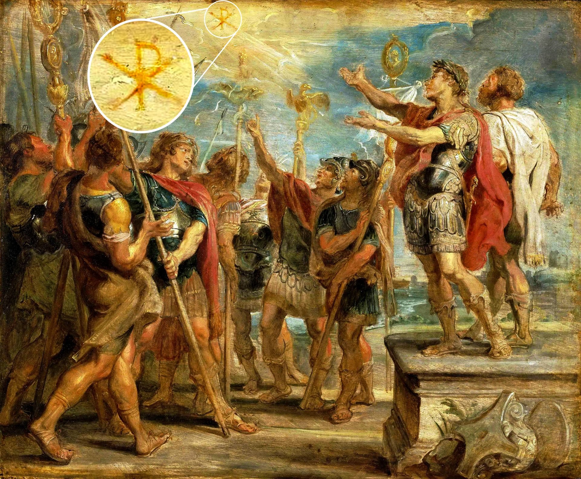 This preparatory sketch depicts a pivotal moment in 312 CE where Emperor Constantine the Great envisions a Chi Rho symbol in the sky and hears a voice proclaiming, 'By this sign, you shall conquer.' Following the vision, Constantine replaced the traditional Roman eagle on his army's emblem with a Chi Rho symbol, leading to a decisive victory that facilitated the spread of Christianity in the Roman Empire. While this sketch was intended for a tapestry series on Constantine's life, it was ultimately not used.