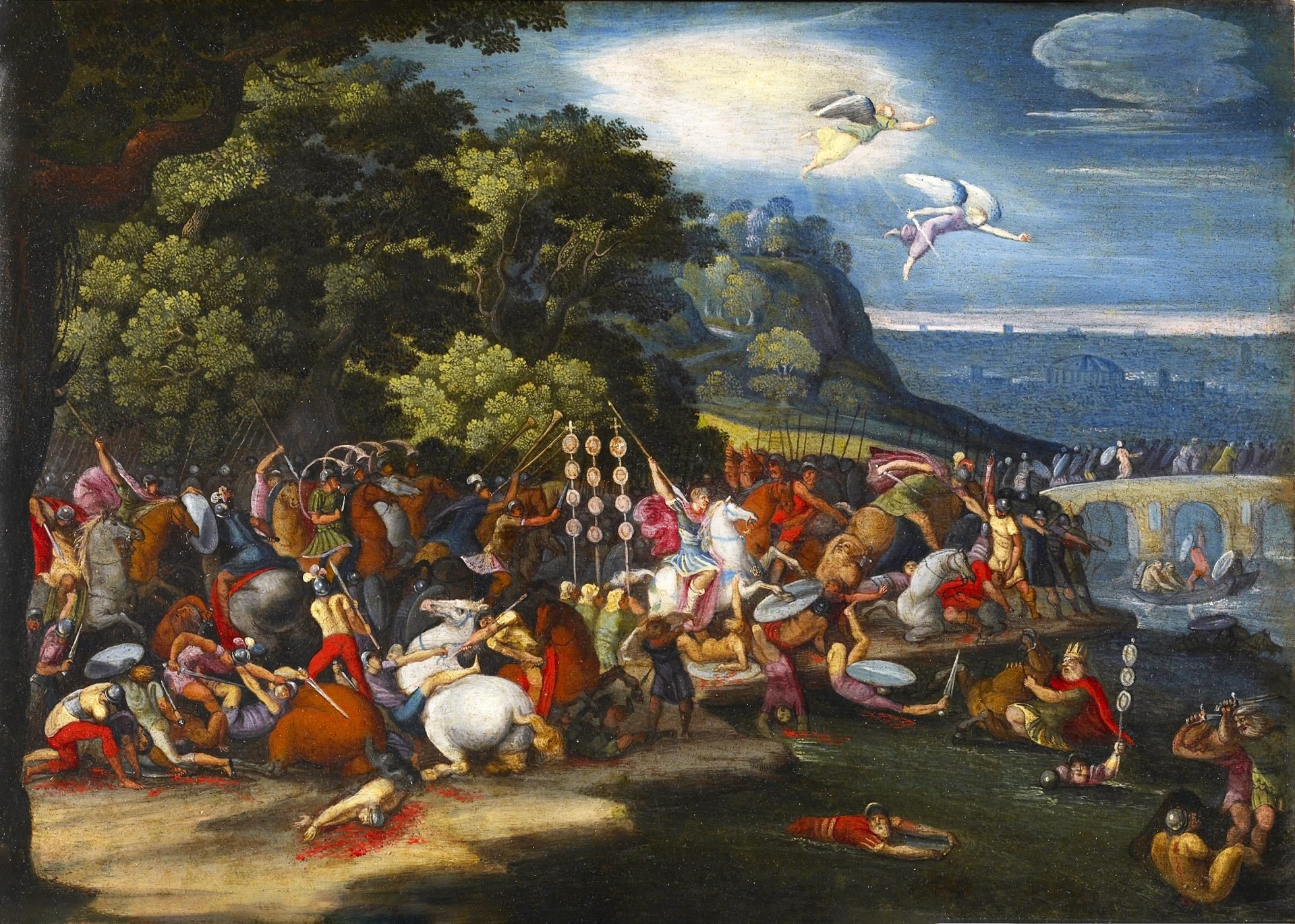 The artwork is inspired by a 16th-century fresco by Giulio Romano in the Vatican Palace and was likely commissioned by an Italian client in Rome. Flemish painters often created such small, cabinet-sized works featuring Roman subjects to meet local demand. This painting shows a battle of Constantine the Great at the Milvian Bridge. Two angels with swords are flying towards the bridge to help Constantine.