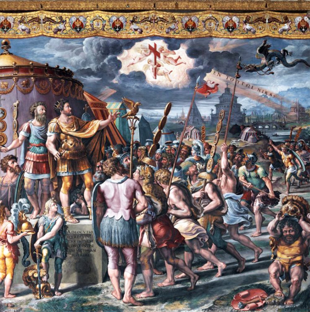 The Vision of the Cross depicts Emperor Constantine's prophetic vision before battling Maxentius. The painting shows a heavenly appearance at the top, featuring the Christian cross symbol and the accompanying motto “IN HOC SIGNO VINCES”, translated as “In this sign, you will win,” also presented in Greek as “EΝ ΤΟΎΤῼ ΝΊΚΑ”. Below, soldiers attentively listen to Constantine, who orders them to replace their imperial eagles with the cross symbol on their banners, in a scene referred to as 'Adlocutio.' The background on the right offers a view of Rome, complete with reimagined ancient monuments.