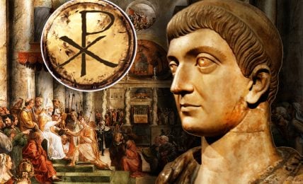 A stone bust of Constantine the Great profile in front of a classical painting of Donation of Rome by the School of Raphael scene with a circular chi-rho symbol in the top left corner.
