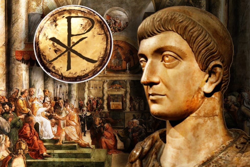 A stone bust of Constantine the Great profile in front of a classical painting of Donation of Rome by the School of Raphael scene with a circular chi-rho symbol in the top left corner.