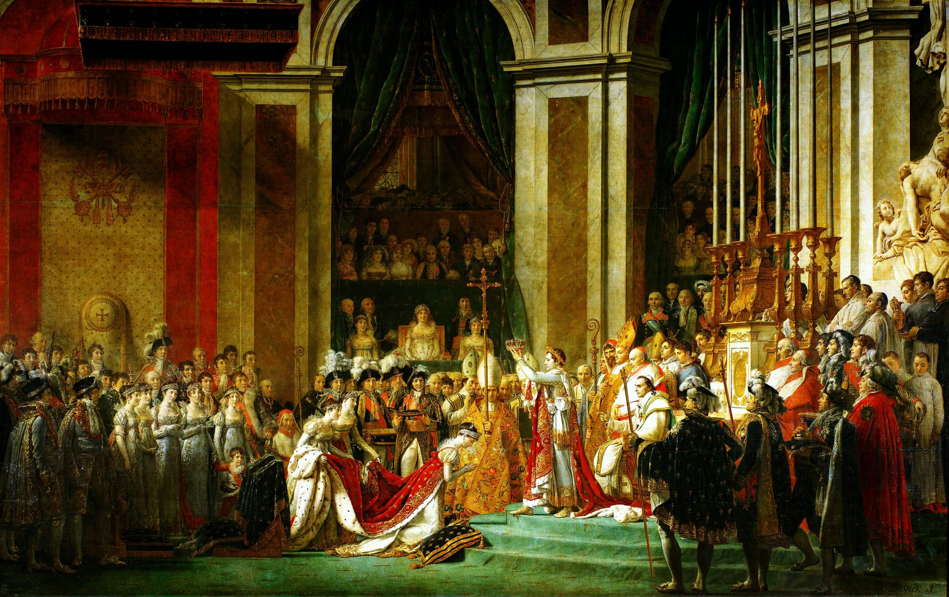 Lavish painting depicting the coronation ceremony of Emperor Napoleon I and Empress Josephine inside Notre-Dame de Paris on December 2, 1804. Napoleon, in regal attire, raises a crown above his head, preparing to crown himself, while Josephine kneels gracefully before him in a sumptuous white gown and flowing train. A vast assembly of dignitaries, clergy, and attendees bear witness, positioned within the grand architectural setting of the cathedral, adorned with rich draperies and architectural details.