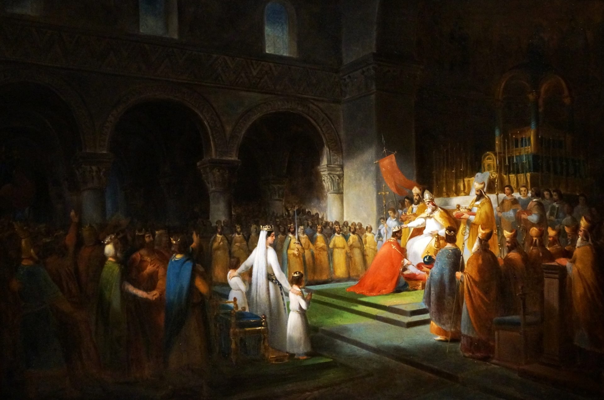 Artwork depicting the anointing ceremony of Pepin the Short at Saint-Denis on 28 July 754. Pope Stephen II crowned Pepin the Short again, anointing him, the queen, and their sons, while bestowing upon them the title of Roman patricians.