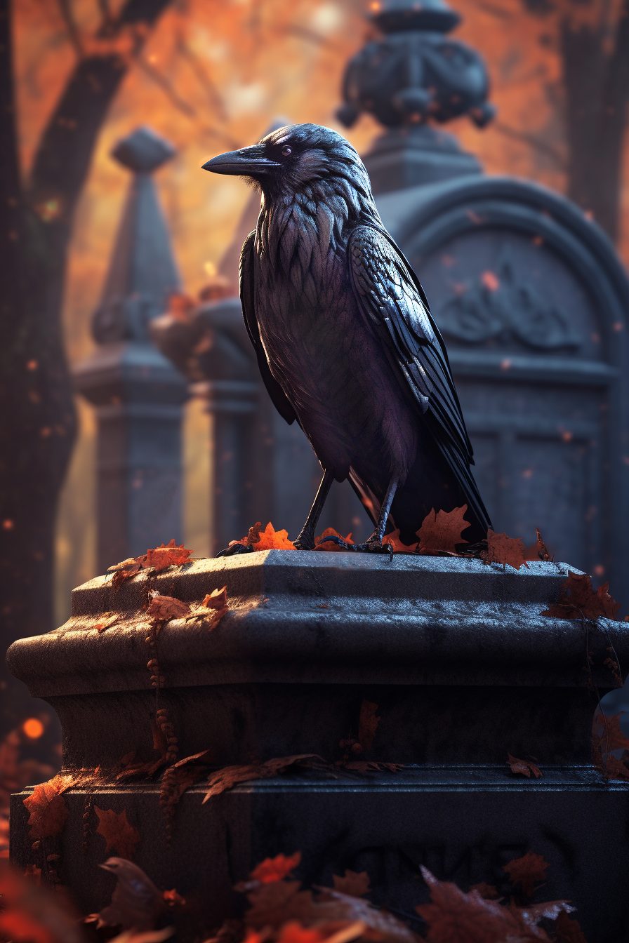 An illustration of a crow perched on top of a tomb at an old cemetery.