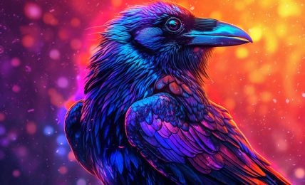 An illustration of a wise-looking crow on an abstract background