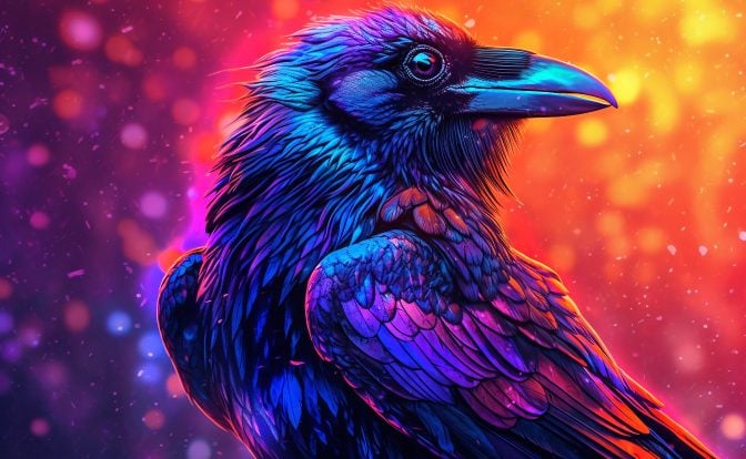 An illustration of a wise-looking crow on an abstract background