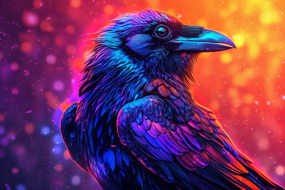 An illustration of a wise-looking crow on an abstract background