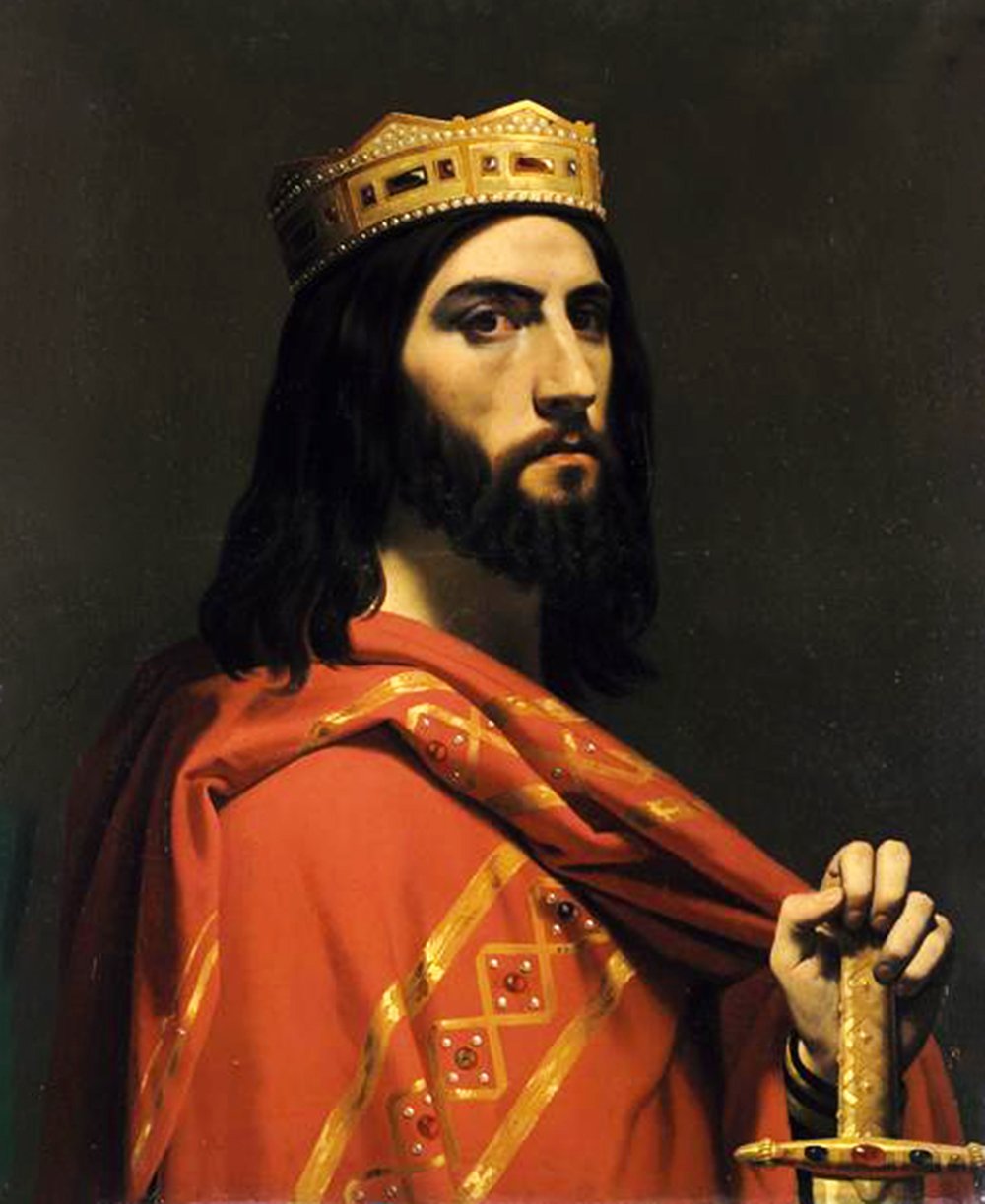 A painting of Dagobert I, King of Austrasia, Neustria, and Burgundy in a crown and red robe, holding a sword. He has dark hair and a beard.