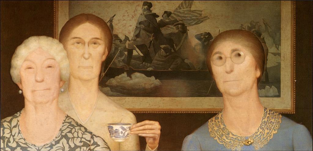 Oil painting depicting three older women in early 20th-century attire standing in front of a faded, aged version of Emanuel Leutze's 'Washington Crossing the Delaware.