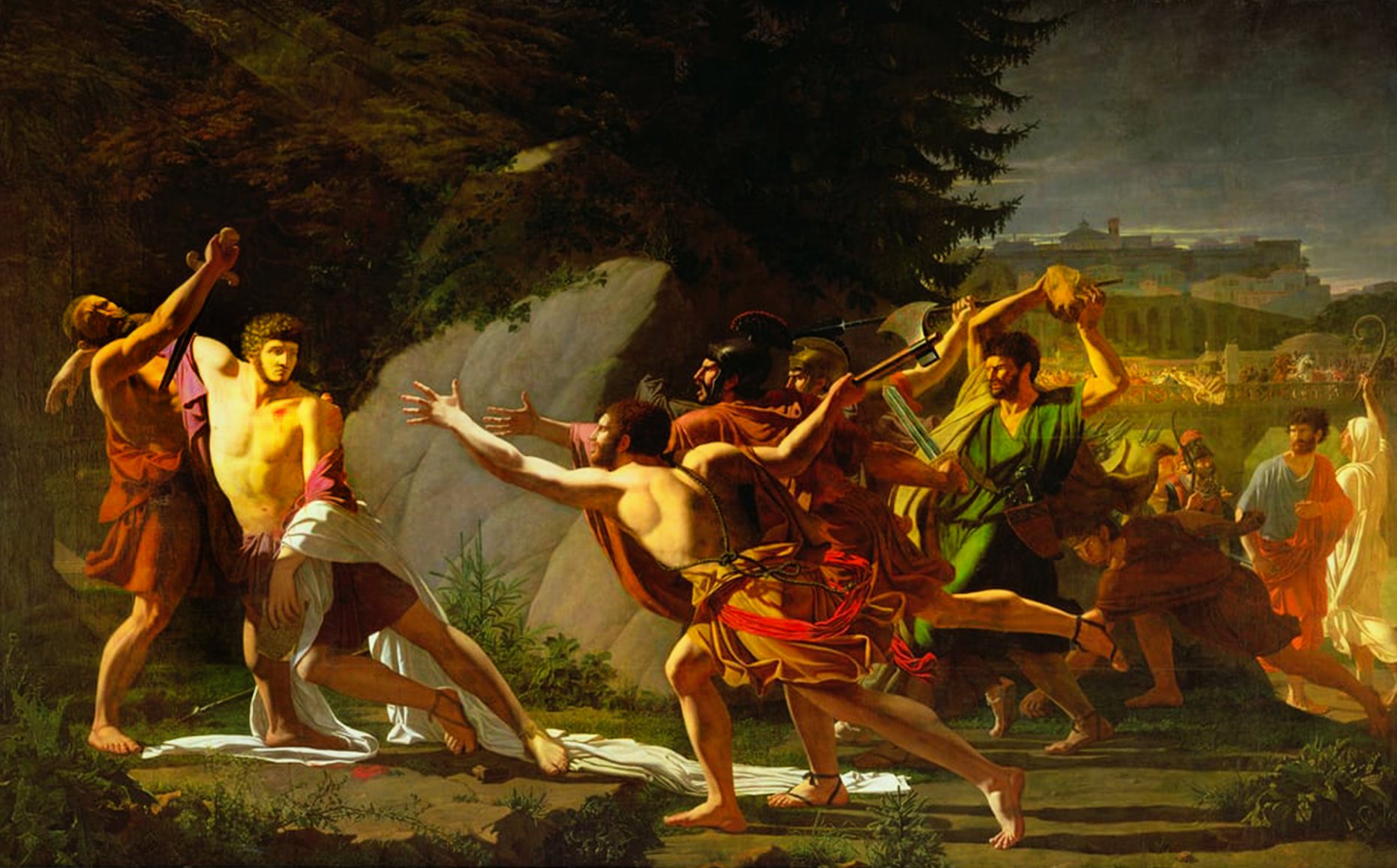 An image of a classical painting depicting a group of men in a battle scene in a garden with a rock formation and a building. The men are dressed in traditional Roman clothing and are armed with swords and rocks.