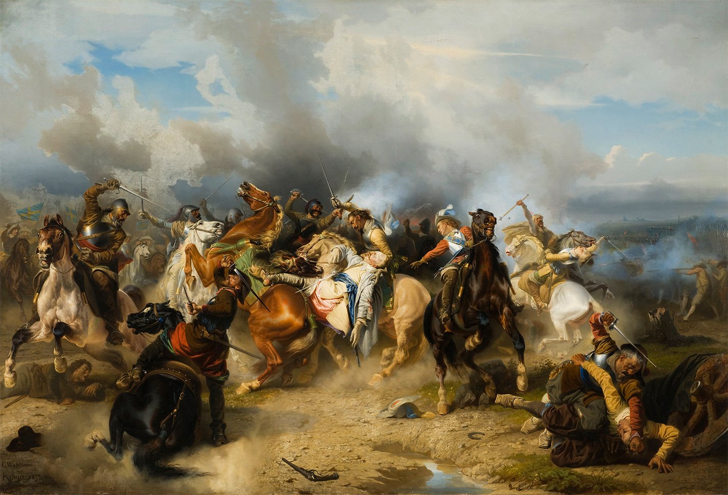The artwork captures the fateful moment on November 6, 1632, when Swedish King Gustav II Adolf is fatally wounded at the Battle of Lützen. His luminous body seems to be slipping off his horse, but is caught by a shocked Swedish soldier. While the king is depicted as both a hero and a martyr, evoking imagery commonly associated with depictions of the deceased Christ, the artist Wahlbom also showcases his expertise in painting horses, capturing them in various poses and lighting conditions.
