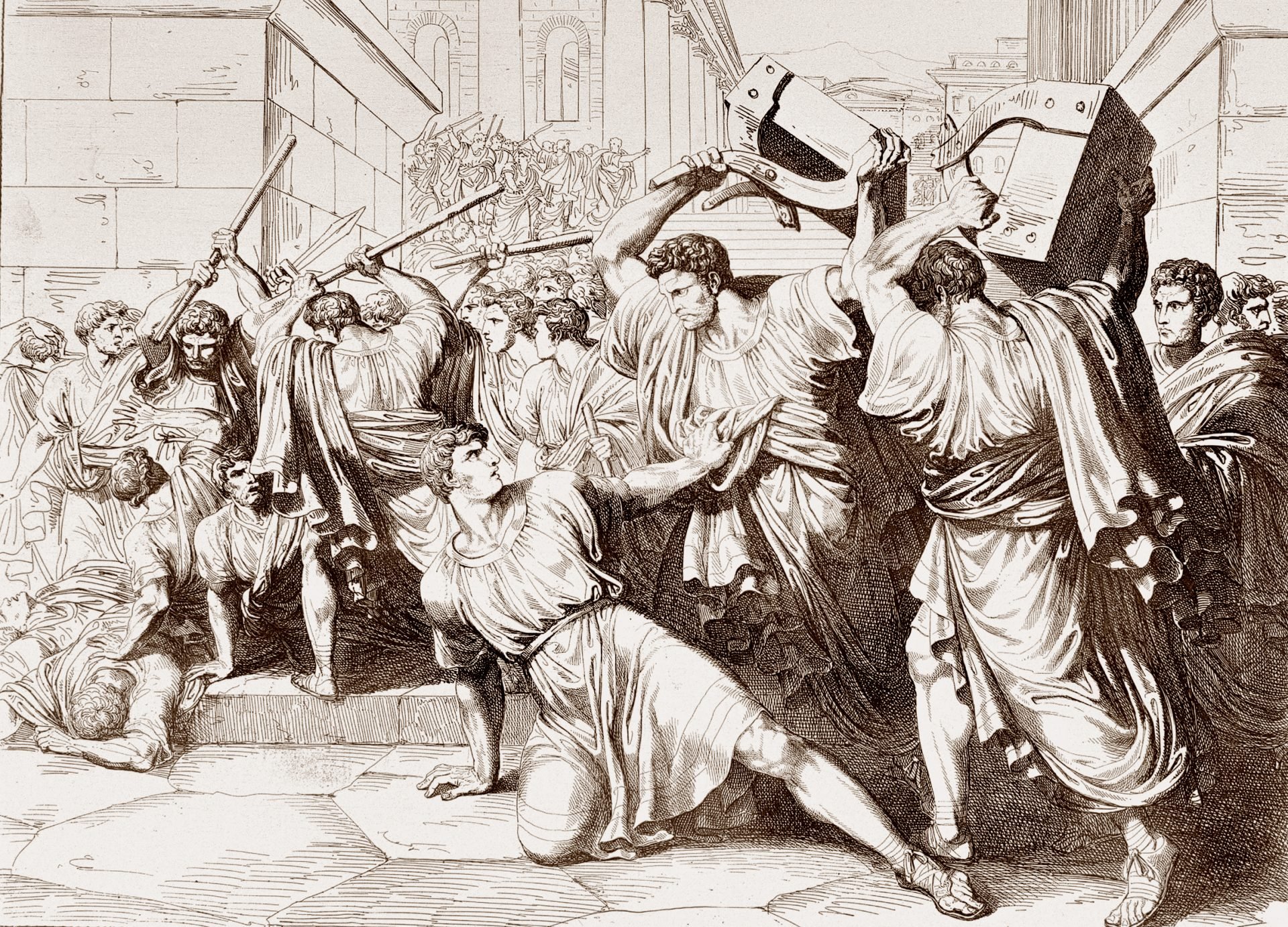 A black and white illustration of a group of people in ancient Roman clothing fighting with sticks and heavy objects in front of a building with columns and a statue.