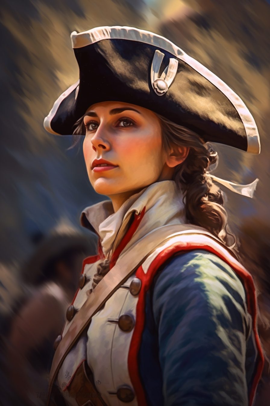 A painting of a woman in an American revolutionary war era uniform.