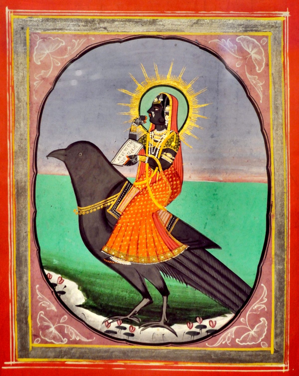A painting of the goddess Dhumavati riding a crow.