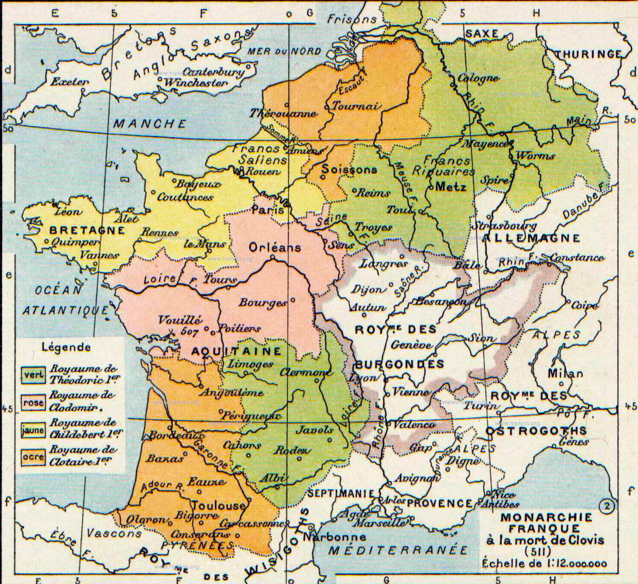 A historical map of the Frankish Kingdom at the Time of Clovis' Death in 511, in French. The map shows the regions, borders, cities, and rivers of the kingdom. The kingdom is split between Clovis’ four sons: Theodoric I, Clodomir, Childebert, Chlotar I.