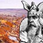 A sketch of a Viking king overlooking Dorestad. The king has a winged helmet and a long beard. The city is full of buildings, ships, and people.