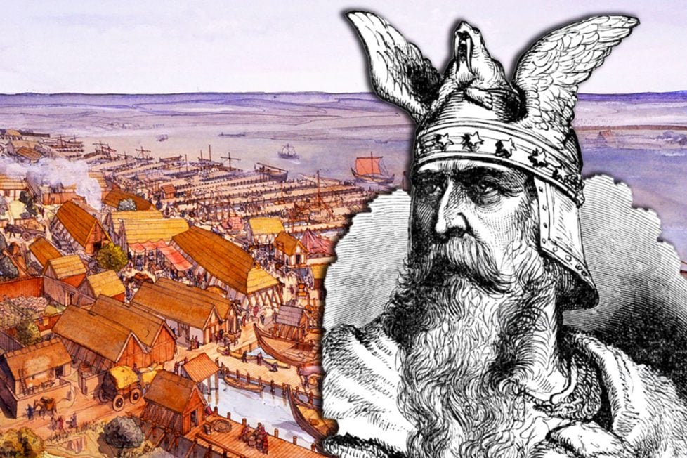 A sketch of a Viking king overlooking Dorestad. The king has a winged helmet and a long beard. The city is full of buildings, ships, and people.