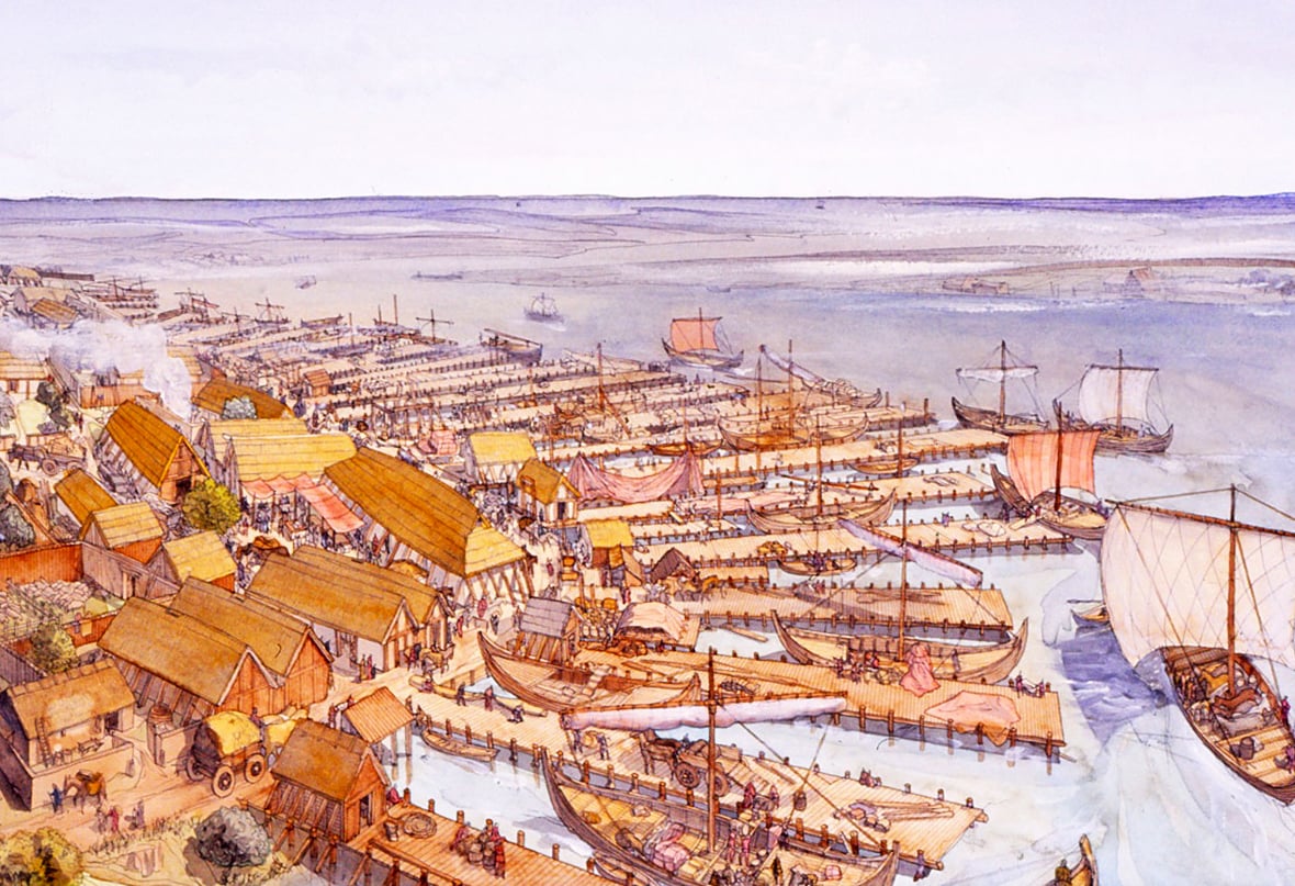 A watercolor illustration of a busy Dorestad harbor with many ships and buildings. The harbor has sailboats and larger ships with multiple masts. The buildings are wooden and have thatched roofs.