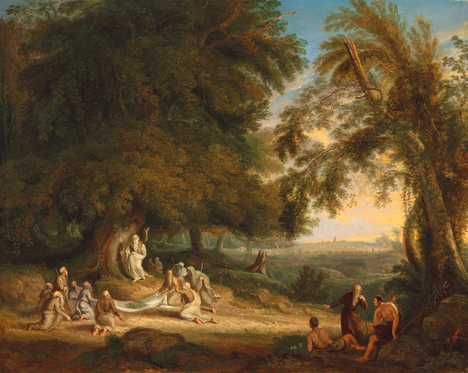 The Druids Collecting Mistletoe' by Jacob Thompson, depicting a scene of druids in traditional attire, gathering mistletoe from a sacred tree in a serene forest setting, evoking an atmosphere of ritual and reverence.