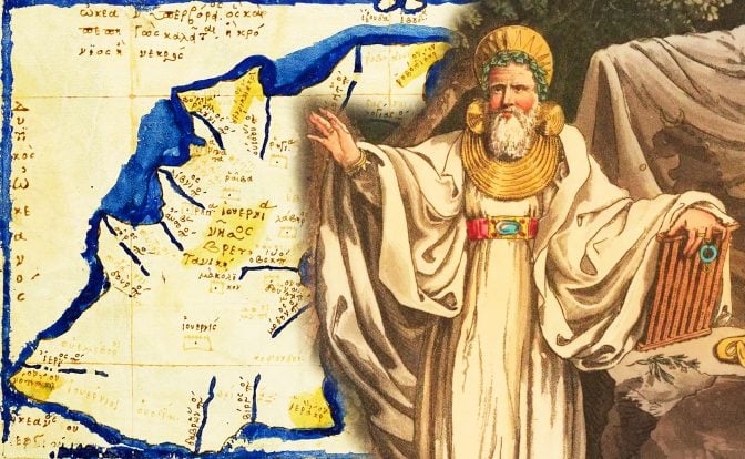 A collage of Western segment of the earliest European map from a Greek manuscript after Ptolemy's Geography, featuring Ireland (also known as Ivernia Island) and an Arch Druid in his judicial habit.