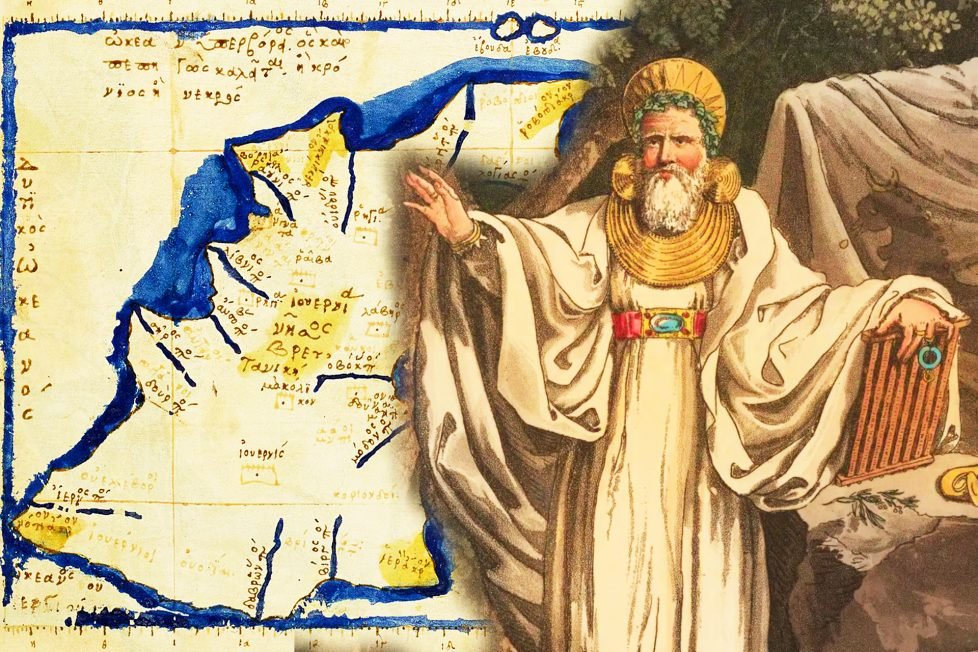 A collage of Western segment of the earliest European map from a Greek manuscript after Ptolemy's Geography, featuring Ireland (also known as Ivernia Island) and an Arch Druid in his judicial habit.