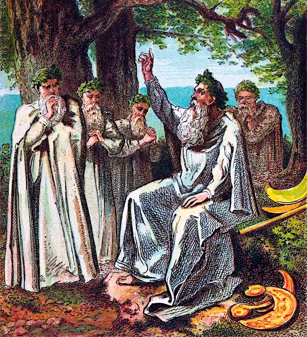 A 1868 illustration from 'Pictures of English History' depicting five druids, dressed in traditional robes, gathered under a large tree, engaged in what appears to be a ritual or discussion.