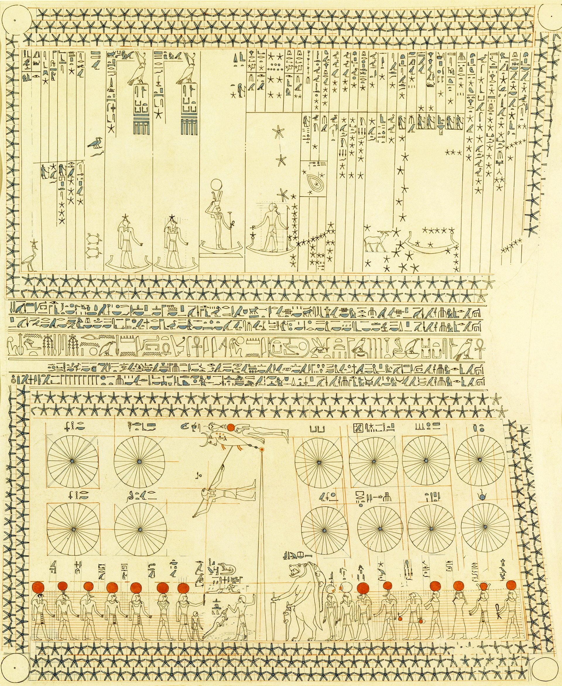 Ancient Egyptian astronomical illustration from the tomb of Senenmut (TT 353) at Deir el-Bahri, showcasing a detailed guide to the night sky. It features constellation or deity figures, columns of text referencing known planets and decan stars, and twelve circles at the bottom divided into segments representing hours, labeled with the months of the year.
