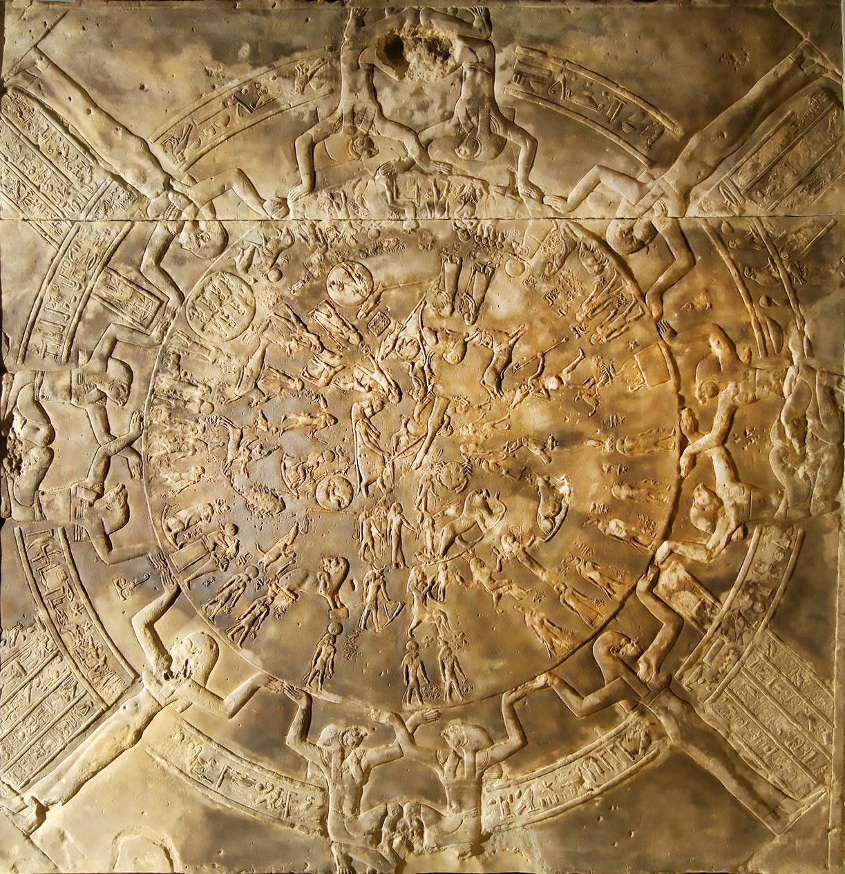 Dendera Zodiac from circa 50 BCE, originally located in the Dendera Temple Complex dedicated to the god Osiris on the Nile's West Bank. This sandstone bas-relief showcases the 12 zodiac constellations, five planets, and both a solar and lunar eclipse.