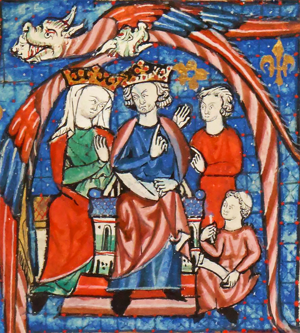 A medieval illuminated manuscript depicting Eleanor of Aquitaine and Henry II. The image shows the king and queen sitting on a throne, wearing crowns and robes. The background is blue with gold stars. The image is framed by a red border with a dragon on top.