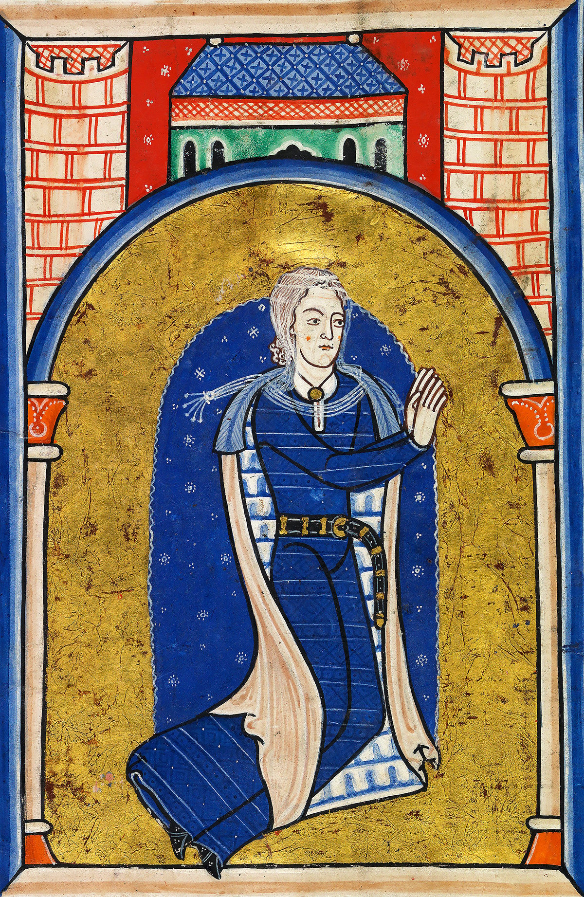 A medieval manuscript illustration of Eleanor of Aquitaine, the queen of France and England in the 12th century. She is depicted in a blue robe, praying on her knees. The background is gold with a blue and red patterned border.