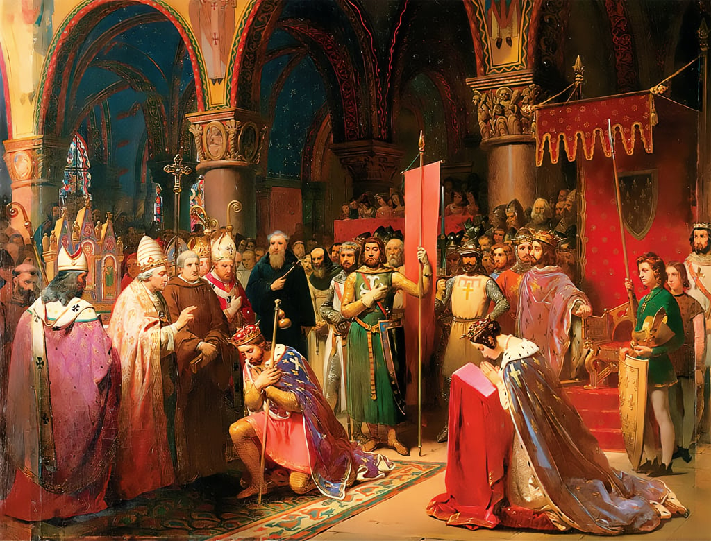 A historical painting of young Louis VII of France receiving the St. Denis banner in 1147. The painting shows a large crowd of people witnessing the ceremony in a grand hall. Louis VII is wearing a blue and gold robe and a crown. Eleanor of Aquitaine is kneeling and holding her hands in prayer. She is wearing a crown and a blue and gold cape.