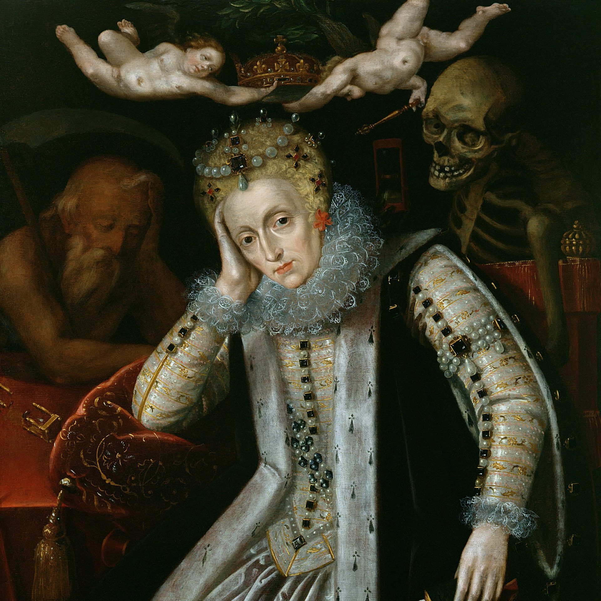 A portrait painting of Elizabeth I depicting the queen in her signature white makeup, surrounded by figures of a an elderly man, a skeleton, and two angels.
