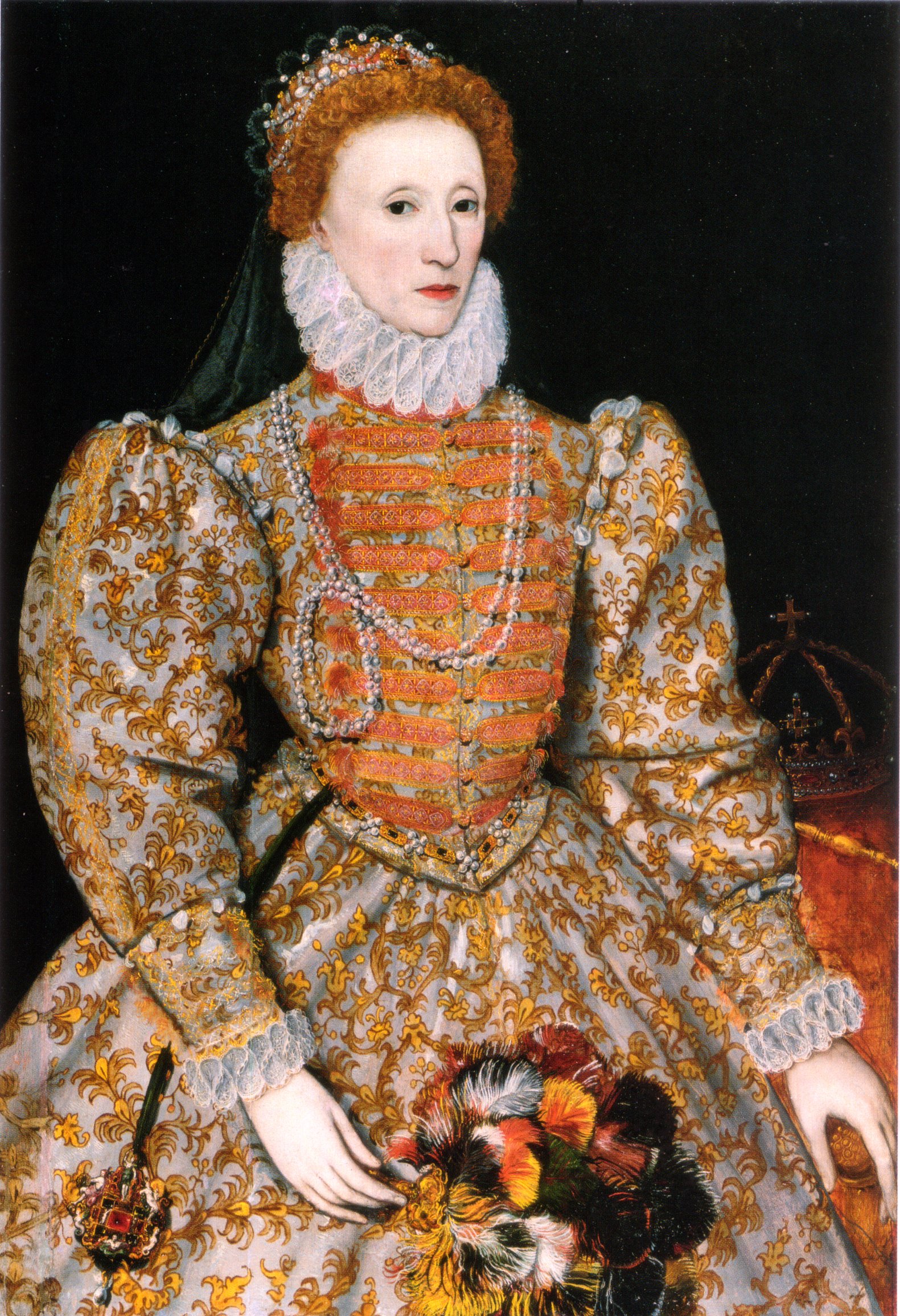 A portrait of Elizabeth I, she is wearing a white and gold dress and white facial makeup.