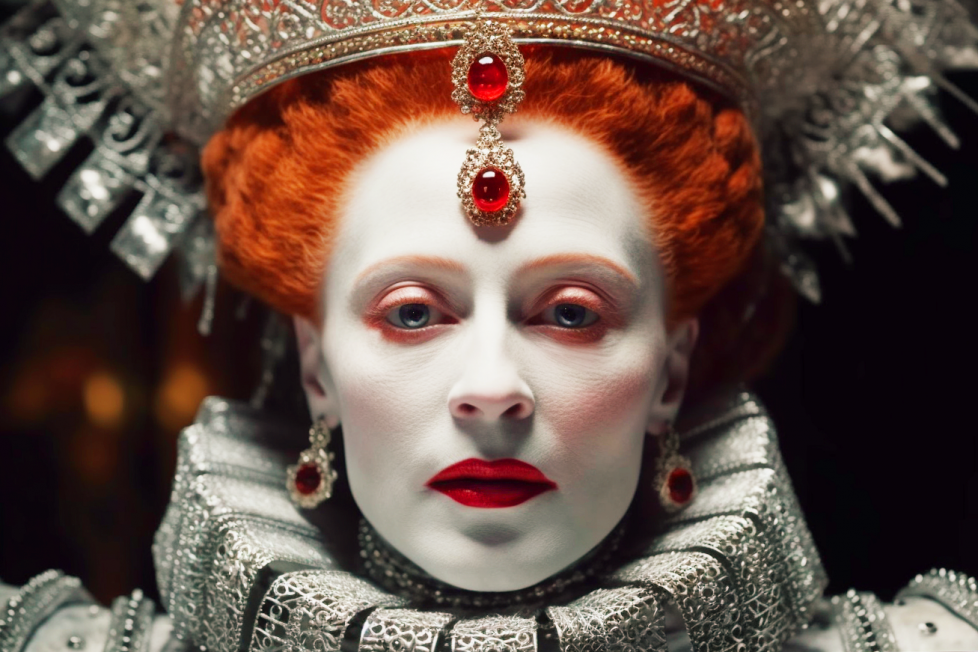 An illustration of Queen Elizabeth I wearing white makeup. She has a crown placed on top of her vivid red hair.