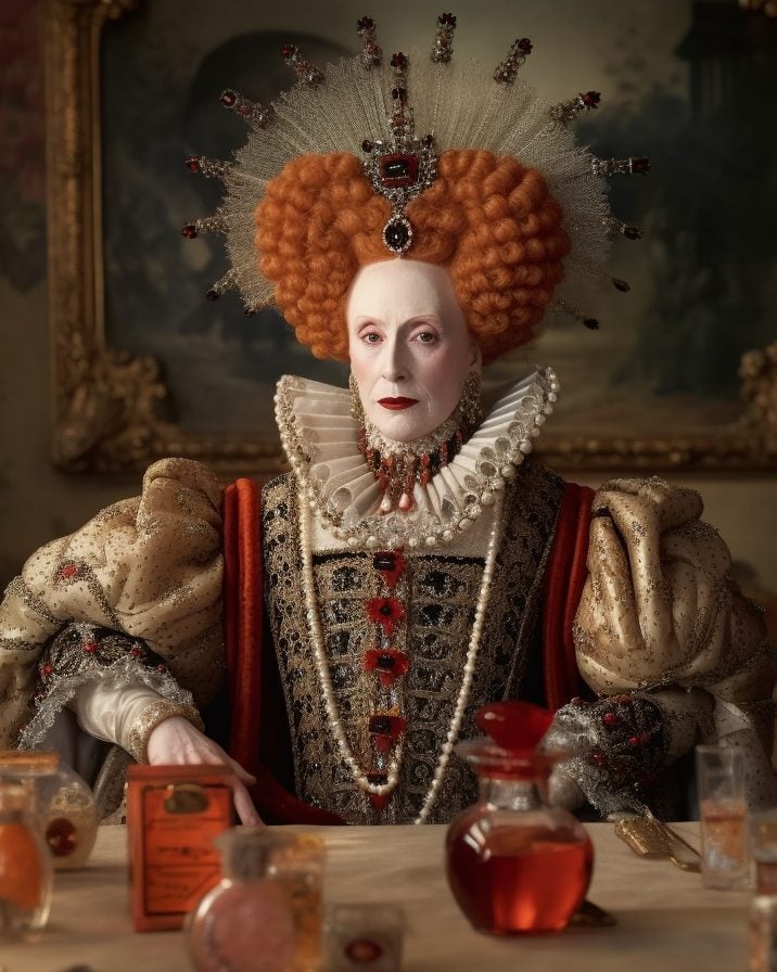 An illustration of Queen Elizabeth I sitting at a desk. She is wearing white makeup. There are glass bottles full of liquids on the desk in front of her.