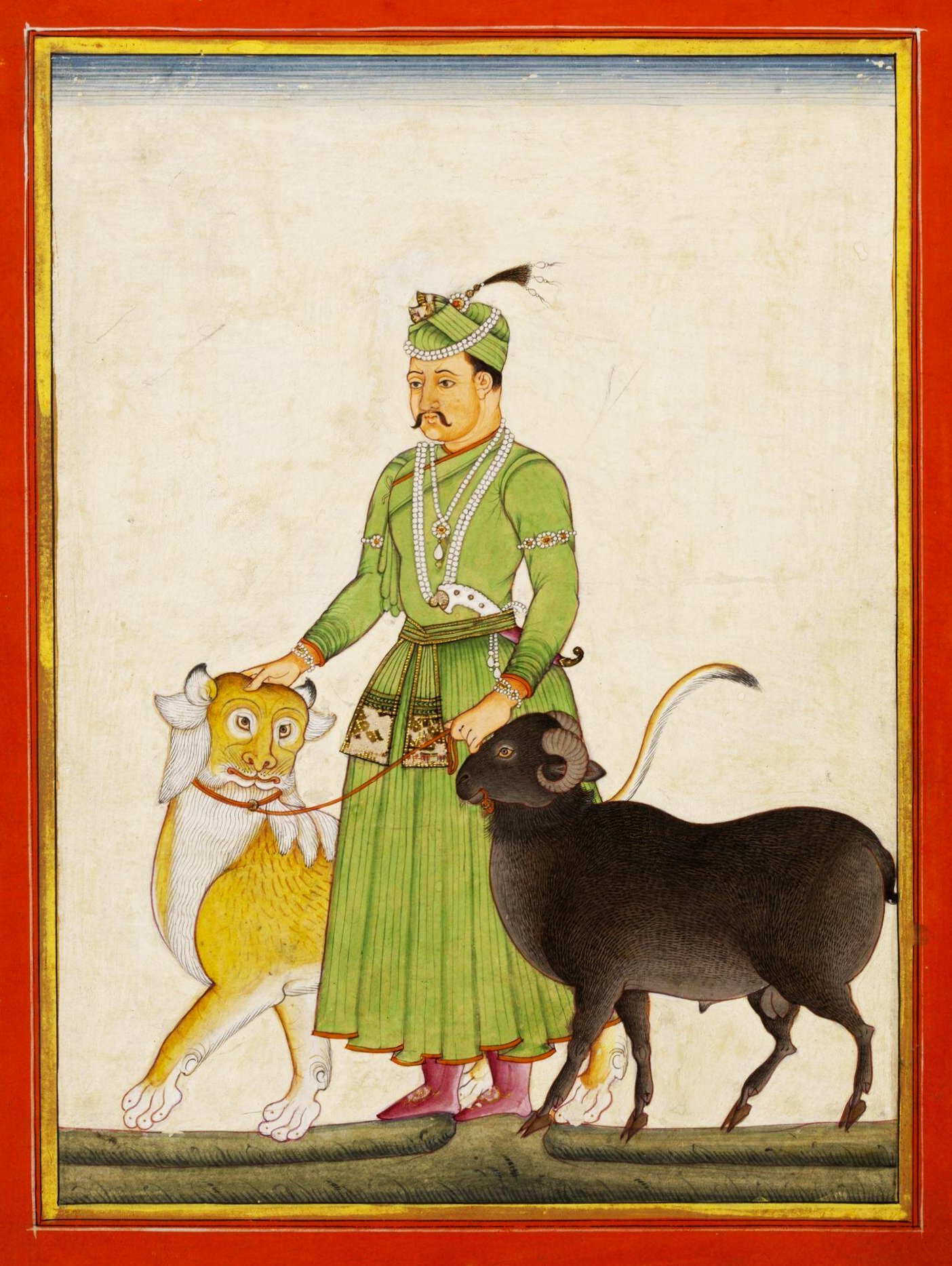 Opaque watercolor painting on paper showing Mughal Emperor Akbar, dressed in green robes with a golden embroidered belt and matching turban, guiding a lion and a ram on leashes.