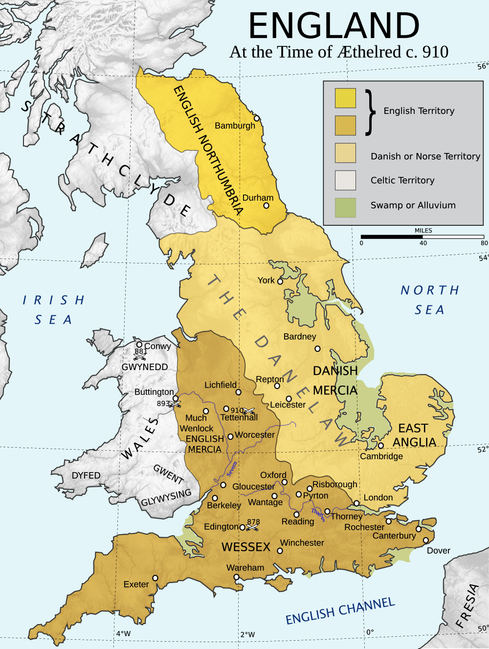 A map of England in the 10th century, showing the English, Danelaw and Celtic territories, the kingdoms and cities, and the bodies of water.
